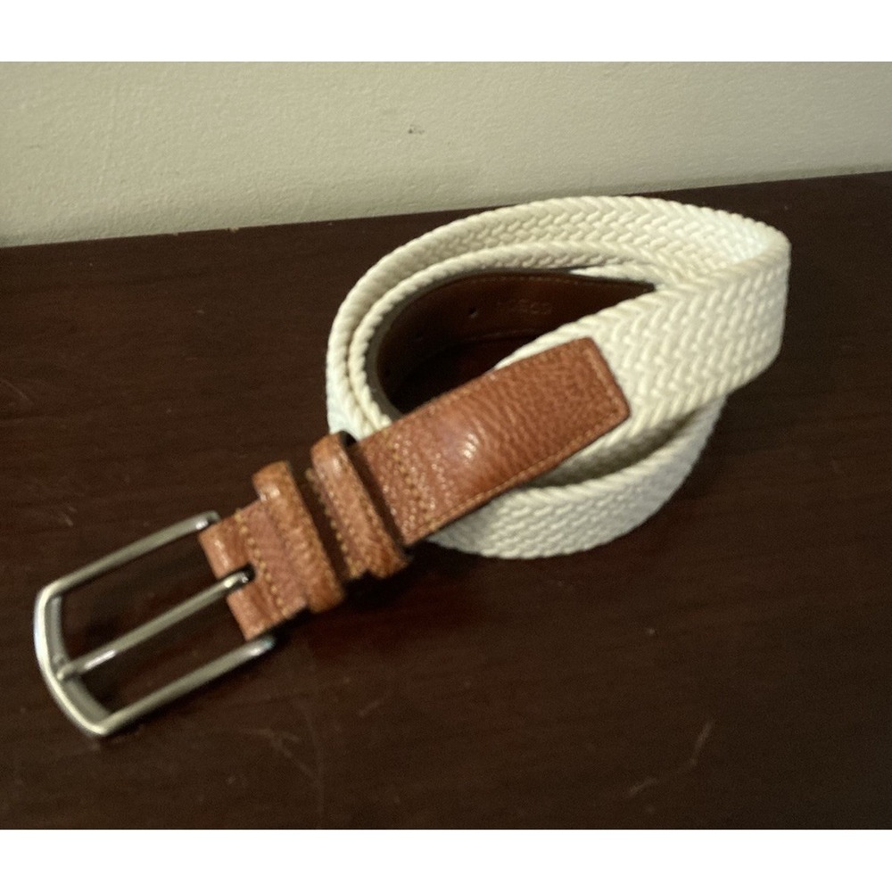 Torino Leather Woven Belt Size 42 Ivory Stretch Braid Silver Brass‎ Buckle USA